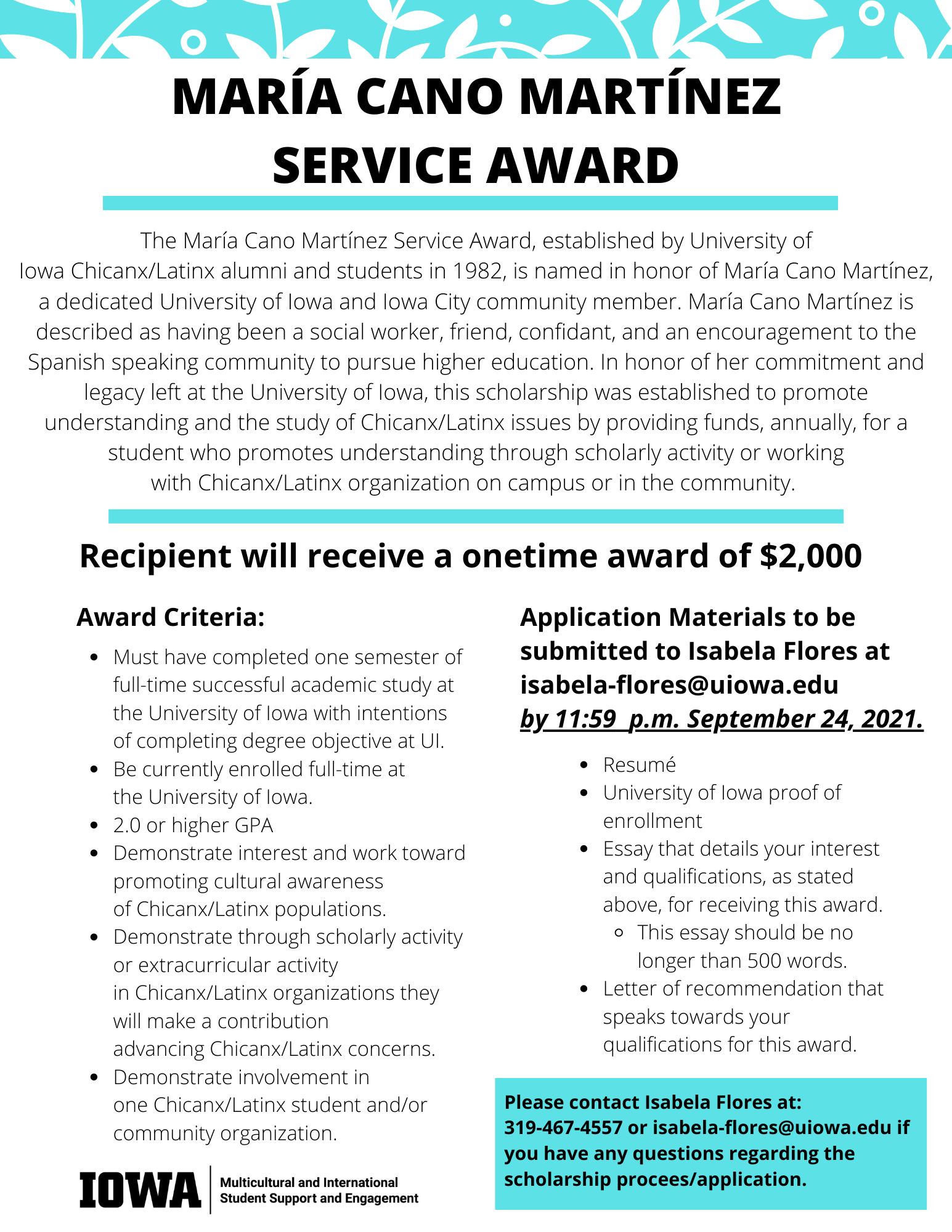 Flyer outlining information regarding the María Cano Martínez Service Award for 2021.