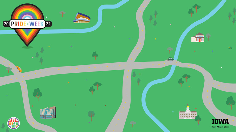 Cartoon map with green grass, grey roads, a blue river, scattered trees, and campus buildings. The Pride Week 2022 inlclusive rainbow wordmark is in the upper left hand corner.