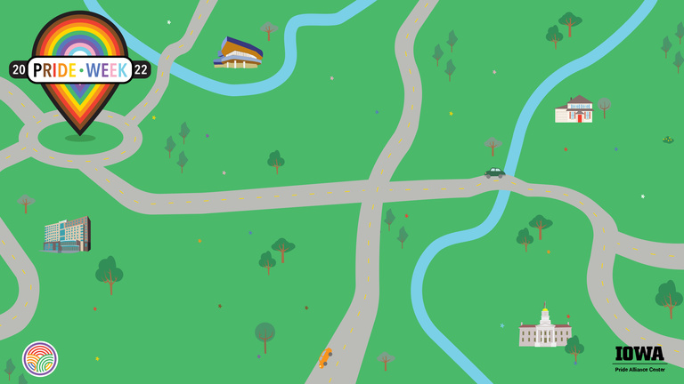 Cartoon map with green grass, grey roads, a blue river, scattered trees, and campus buildings. The Pride Week 2022 inlclusive rainbow wordmark is in the upper left hand corner.